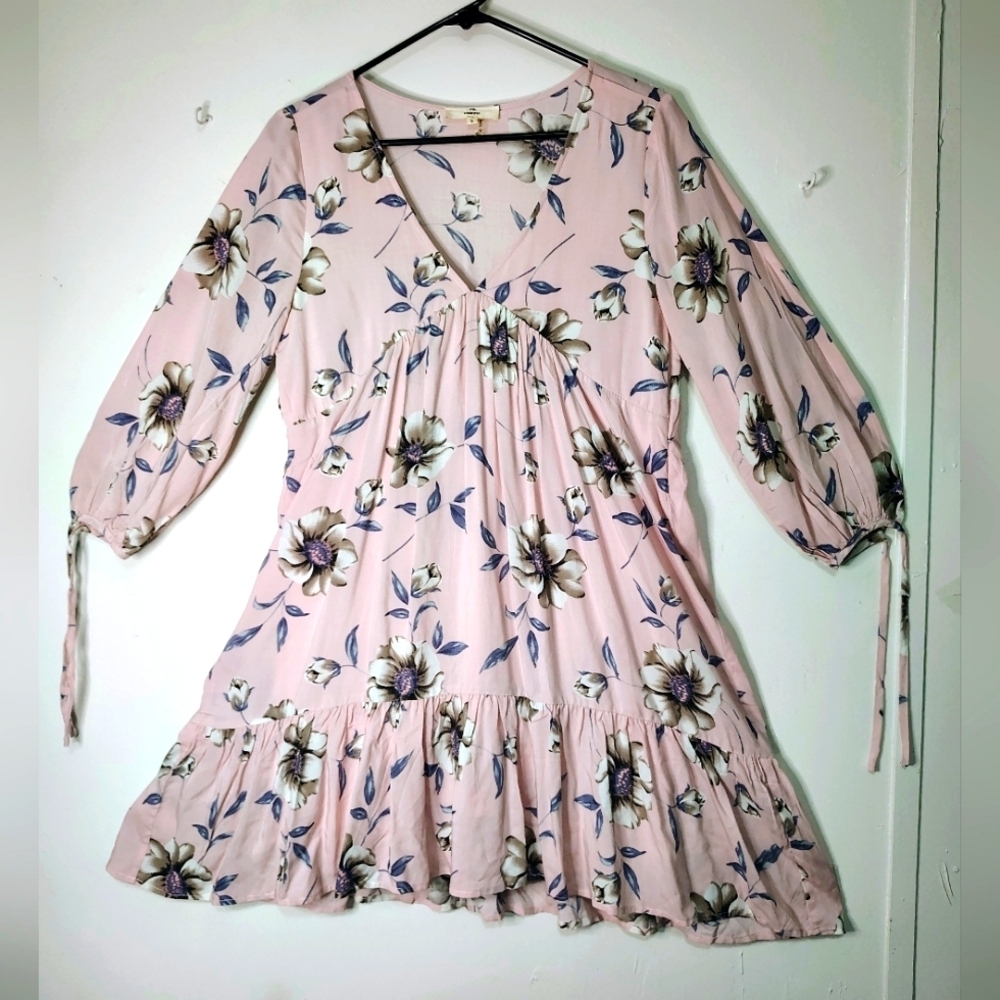 Entro floral Tunic Sundress Ruffles V-neck Rayon Pink oversized S. - Picture 2 of 16